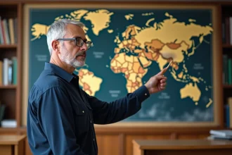 Professeur de géographie pointant le Groenland sur une carte du monde de Mercator dans une salle de classe universitaire