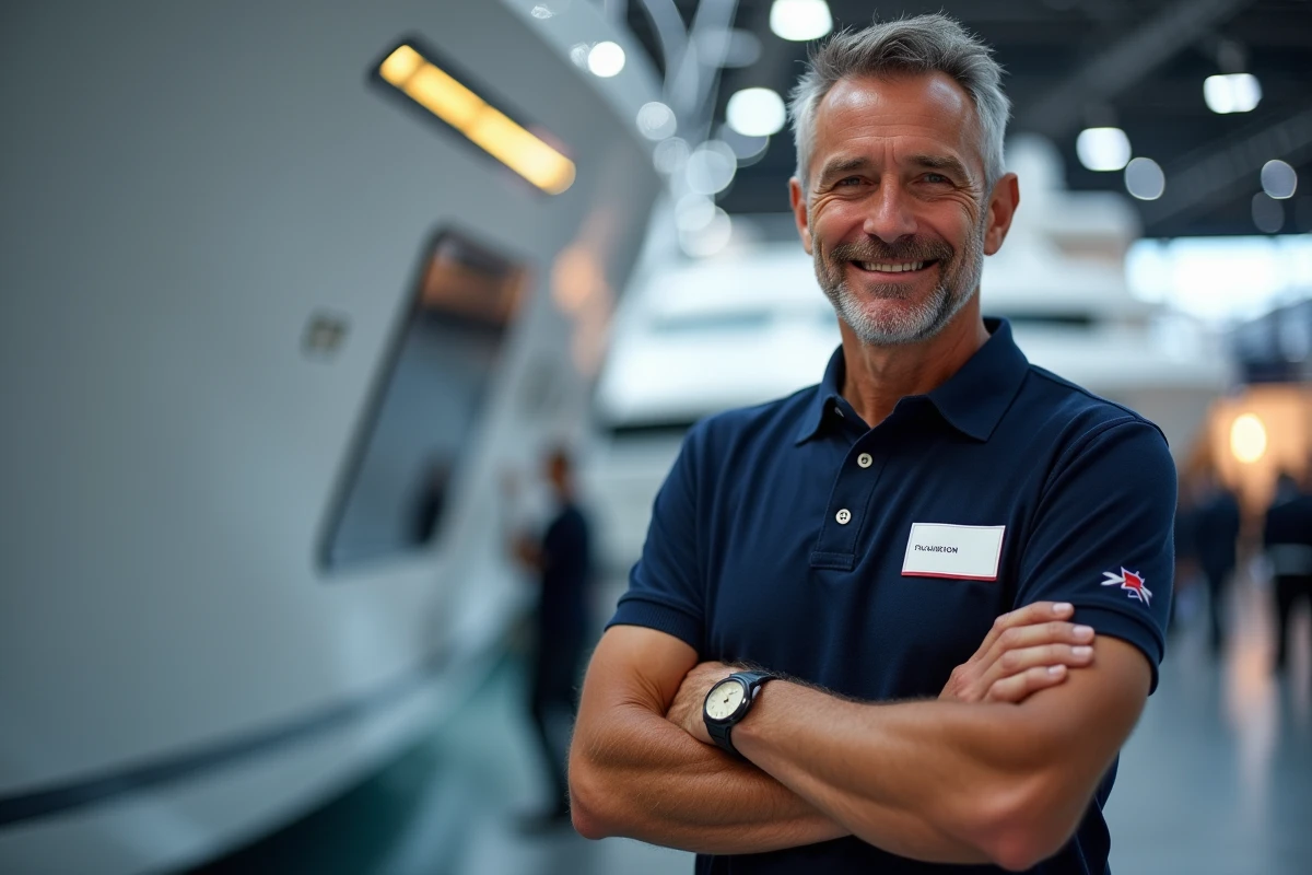 Portrait d'un professionnel du secteur nautique devant un yacht de luxe lors du Salon Nautique International de Paris