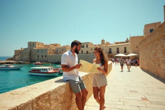 Couple consultant une carte sur la promenade en pierre de San Pawl il-Baħar avec des bateaux de pêche traditionnels maltais dans la baie turquoise en arrière-plan