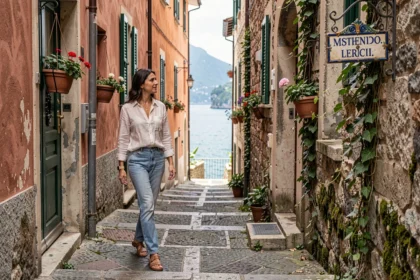 Femme se promenant dans une ruelle pavée de Lerici avec vue sur la mer Ligure en arrière-plan