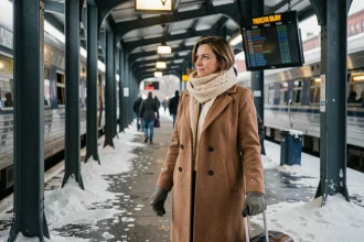 Femme en manteau d'hiver sur le quai enneigé d'une gare Amtrak avant un trajet Boston New York en hiver
