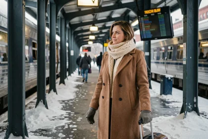 Femme en manteau d'hiver sur le quai enneigé d'une gare Amtrak avant un trajet Boston New York en hiver