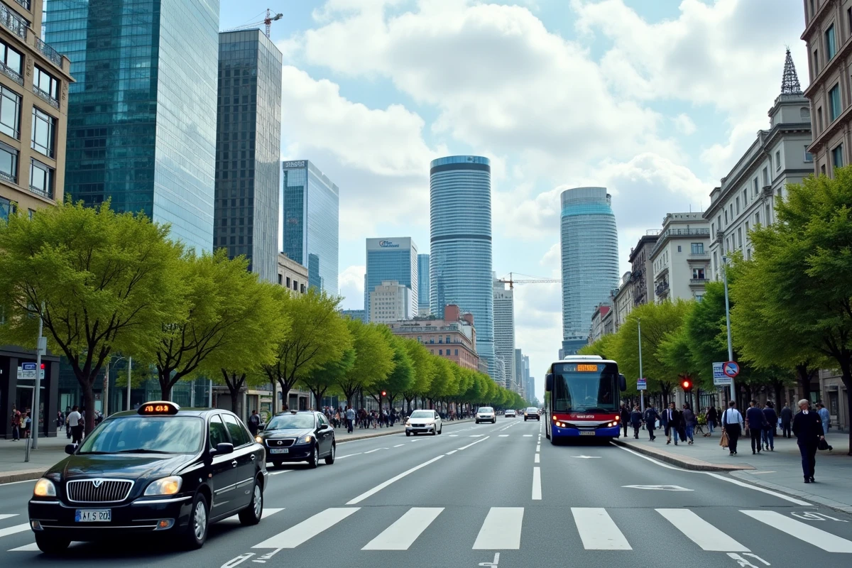 Vue grand angle du quartier d'affaires de Madrid avec taxi et bus en direction du centre-ville