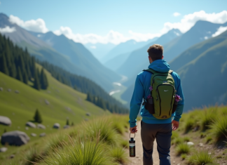 Randonneur faisant une pause sur un sentier de montagne avec une bouteille d'eau électrolyte