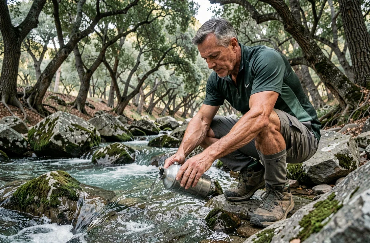Randonneur se ravitaillant en eau dans un ruisseau de montagne isolé lors d'une randonnée dans le désert des Agriates en Corse