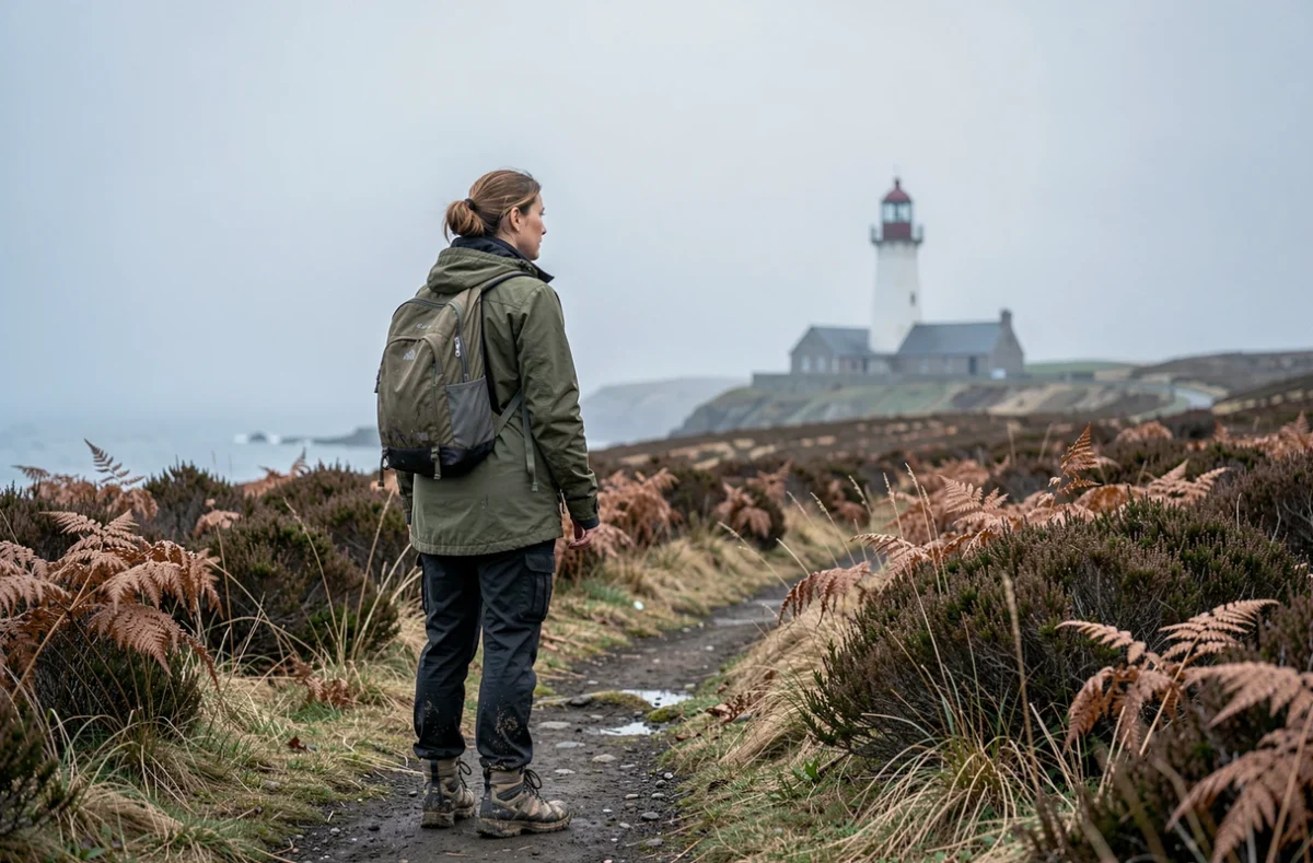 Randonneuse solitaire sur sentier côtier du Finistère en hiver face à un phare dans la brume