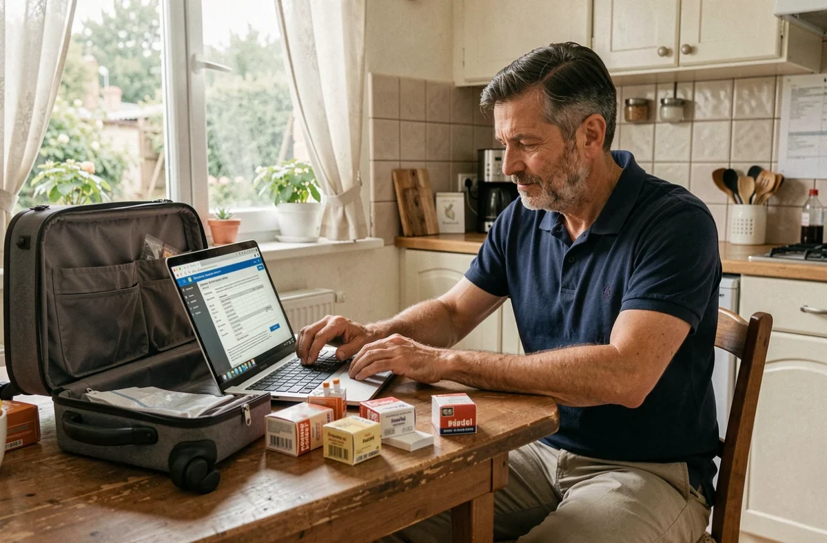 Homme consultant les règles de déclaration douanière pour le tabac rapporté d'Espagne, entouré de paquets de cigarettes sur une table de cuisine