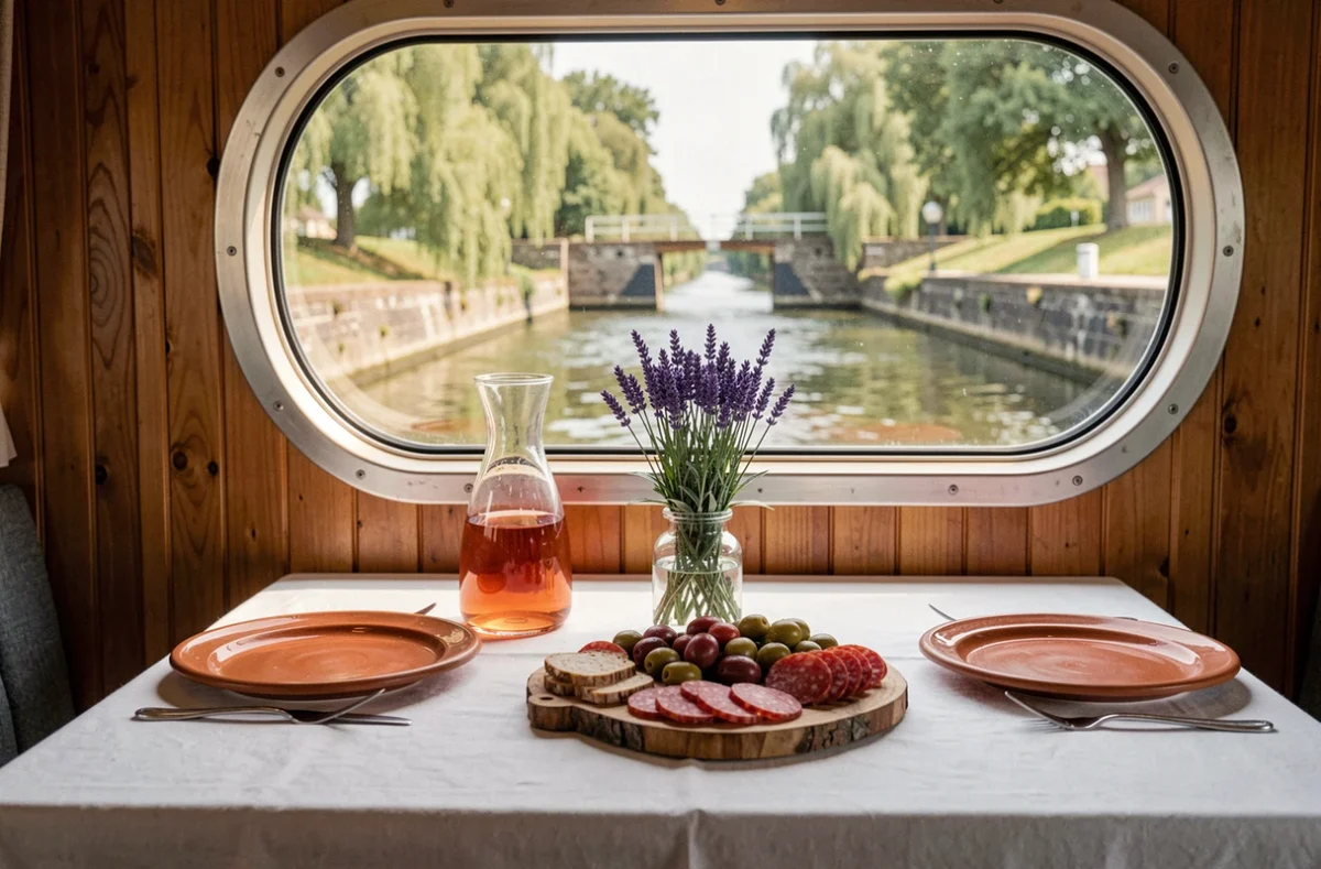 Table dressée pour le repas à bord d'une péniche sur le Canal du Midi avec spécialités régionales