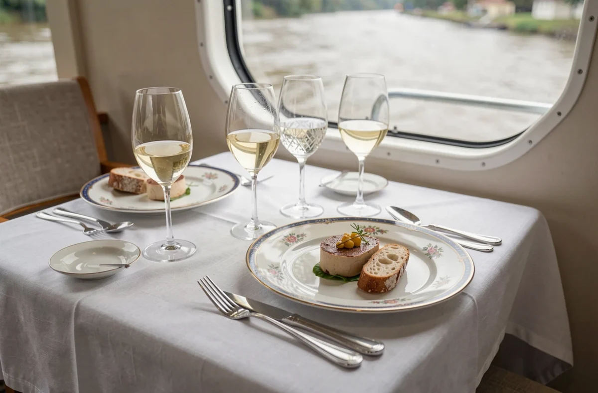 Table gastronomique dressée à bord d'une croisière sur la Charente avec verre de vin blanc et plat raffiné