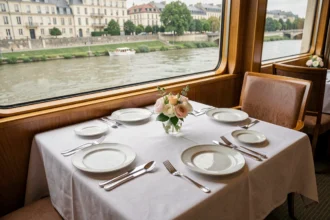 Table dressée pour un repas gastronomique à bord d'une croisière sur la Saône avec vue panoramique sur les berges
