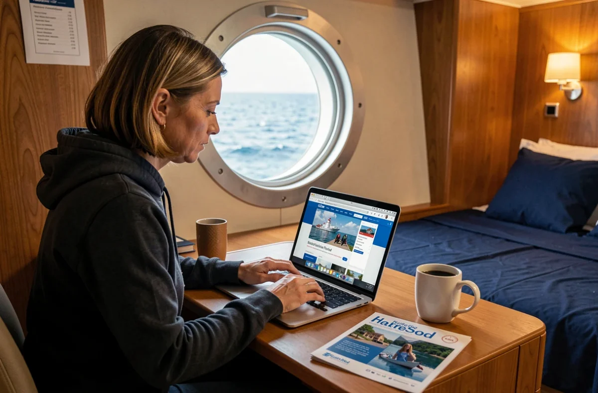Femme consultant un site de réservation de croisière métal sur son ordinateur portable dans une cabine de bateau