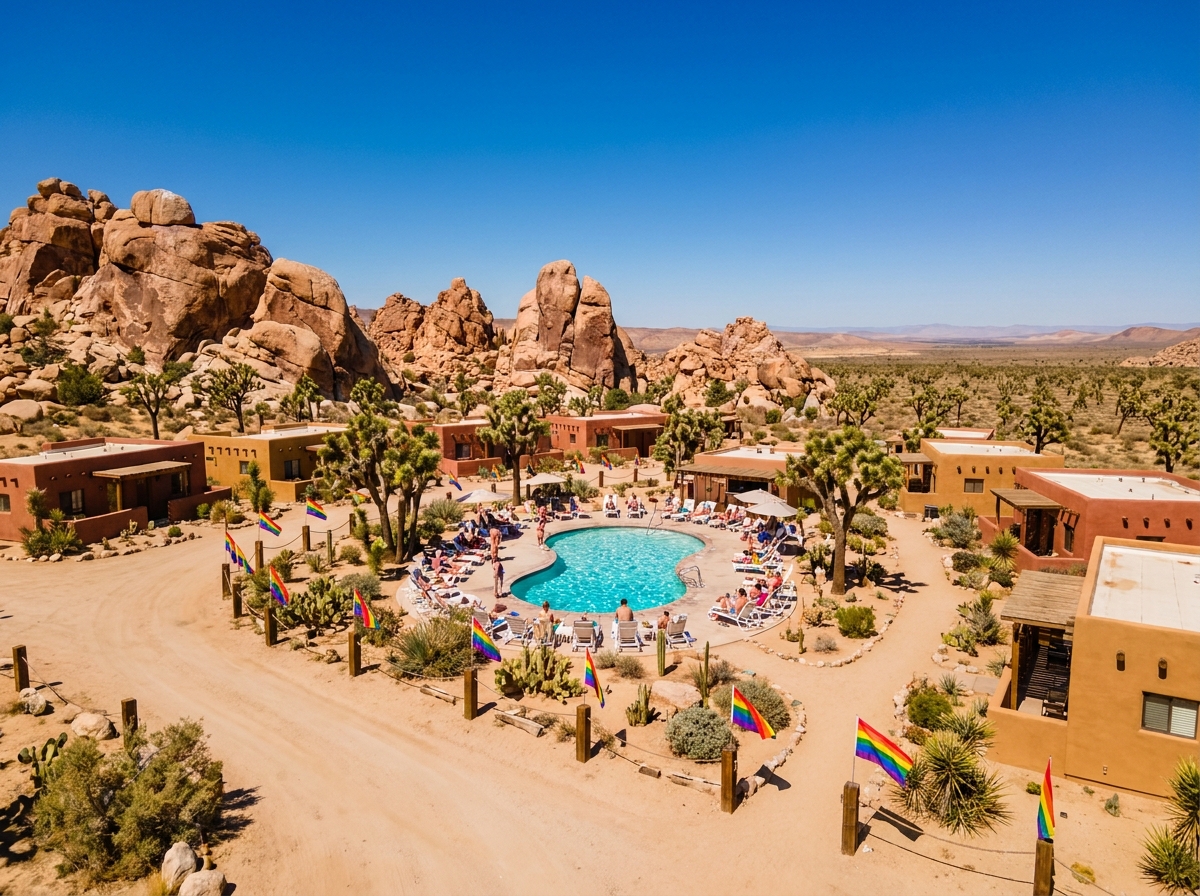 Vue panoramique d'un resort LGBTQ+ avec piscine entourée de roches rouges et de végétation désertique aux États-Unis