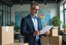 Manager logistique en bureau avec cartons et carte du monde