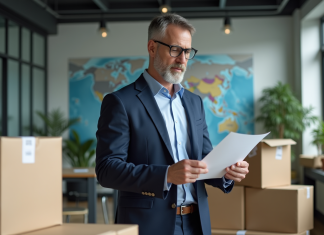 Meilleur transporteur international : comment choisir le bon prestataire pour vos envois ? Manager logistique en bureau avec cartons et carte du monde