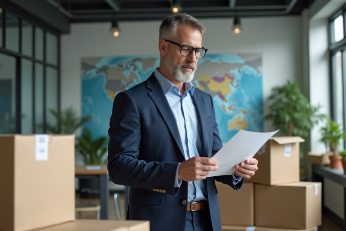 responsable-logistique-bureau Manager logistique en bureau avec cartons et carte du monde