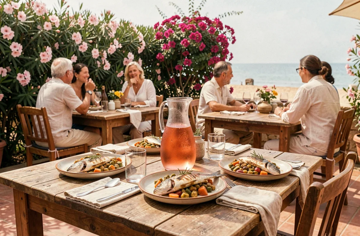 Terrasse de restaurant de plage à Rayol-Canadel avec plats provençaux, rosé et décor méditerranéen fleuri