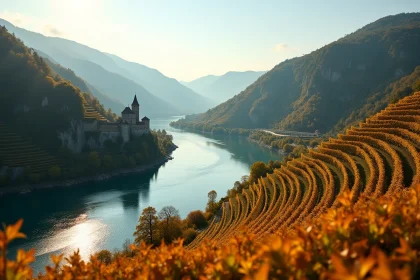 Vue panoramique du Rhin traversant une vallée allemande avec vignobles en terrasses et château médiéval en arrière-plan en automne