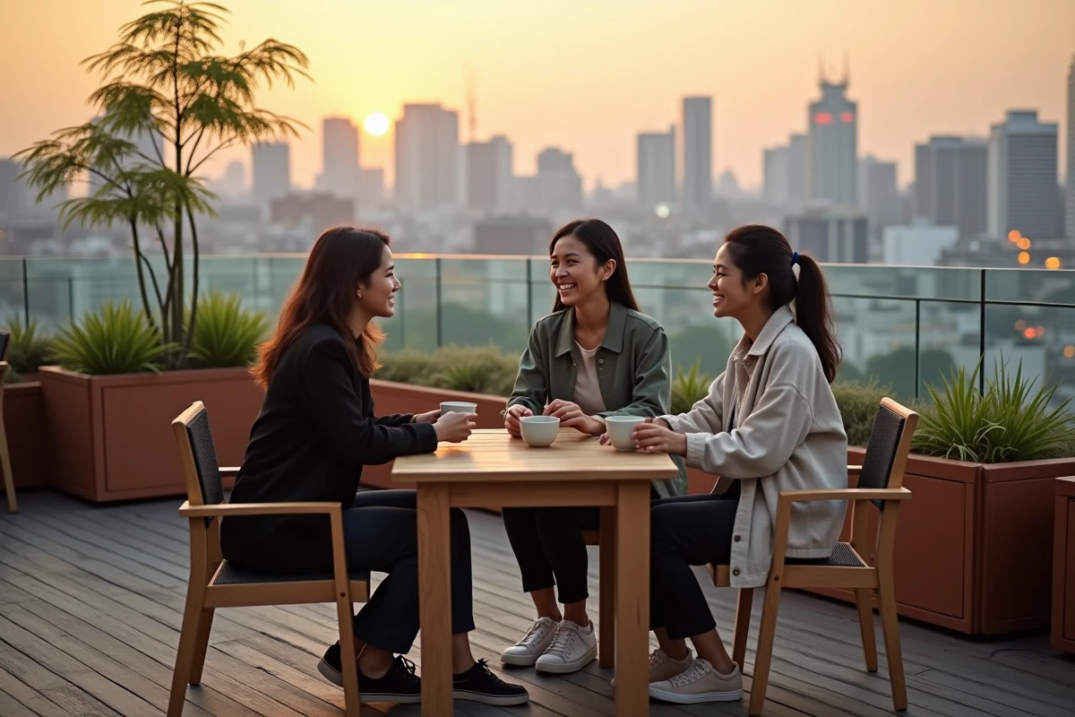 Groupe de voyageurs sur un rooftop à Shinjuku contemplant le panorama de Tokyo avec des tasses de matcha