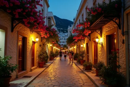 Ruelle pavée animée du quartier Plaka à Athènes la nuit avec tavernes traditionnelles et l'Acropole en arrière-plan