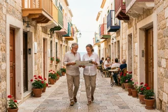 Couple de voyageurs se promenant dans une ruelle en pierre de Saint-Julien à Malte avec des balcons colorés et une terrasse de café typique