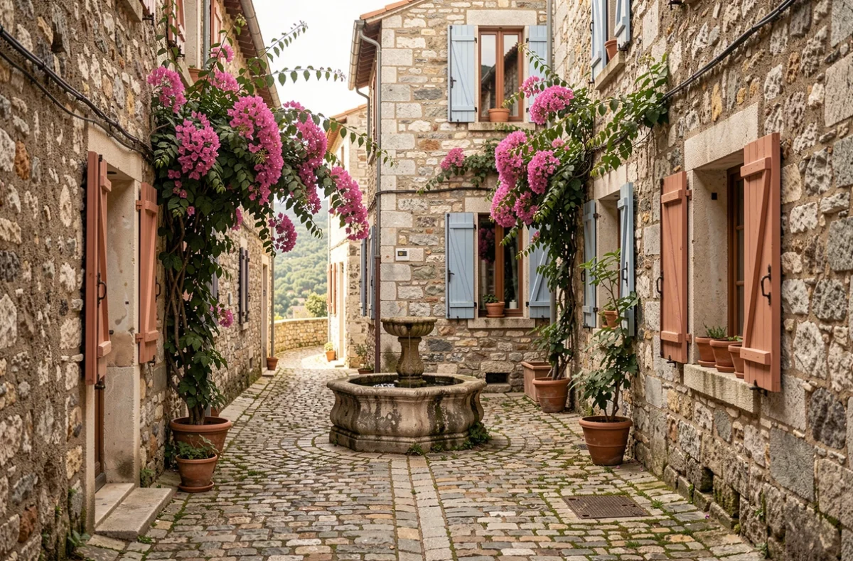 Ruelle pavée pittoresque d'un village perché authentique du nord de la Corse avec fontaine en pierre et volets colorés