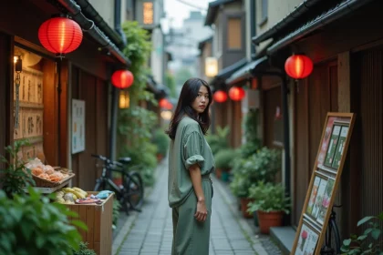 Ruelle traditionnelle de Yanaka à Tokyo avec une femme explorant un marché de quartier authentique
