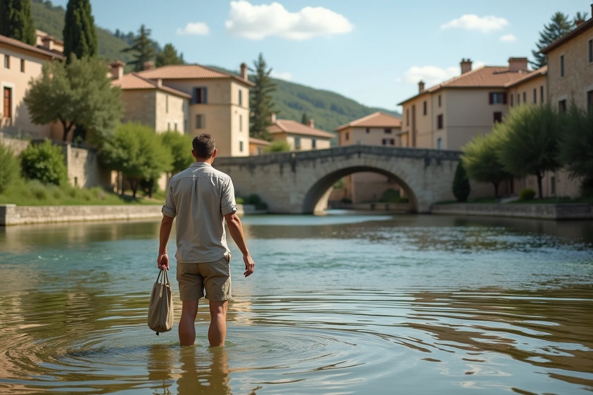 Homme traversant la rivière à gué devant le village de Saint-Laurent-le-Minier, maisons en pierre calcaire et vieux pont en arrière-plan