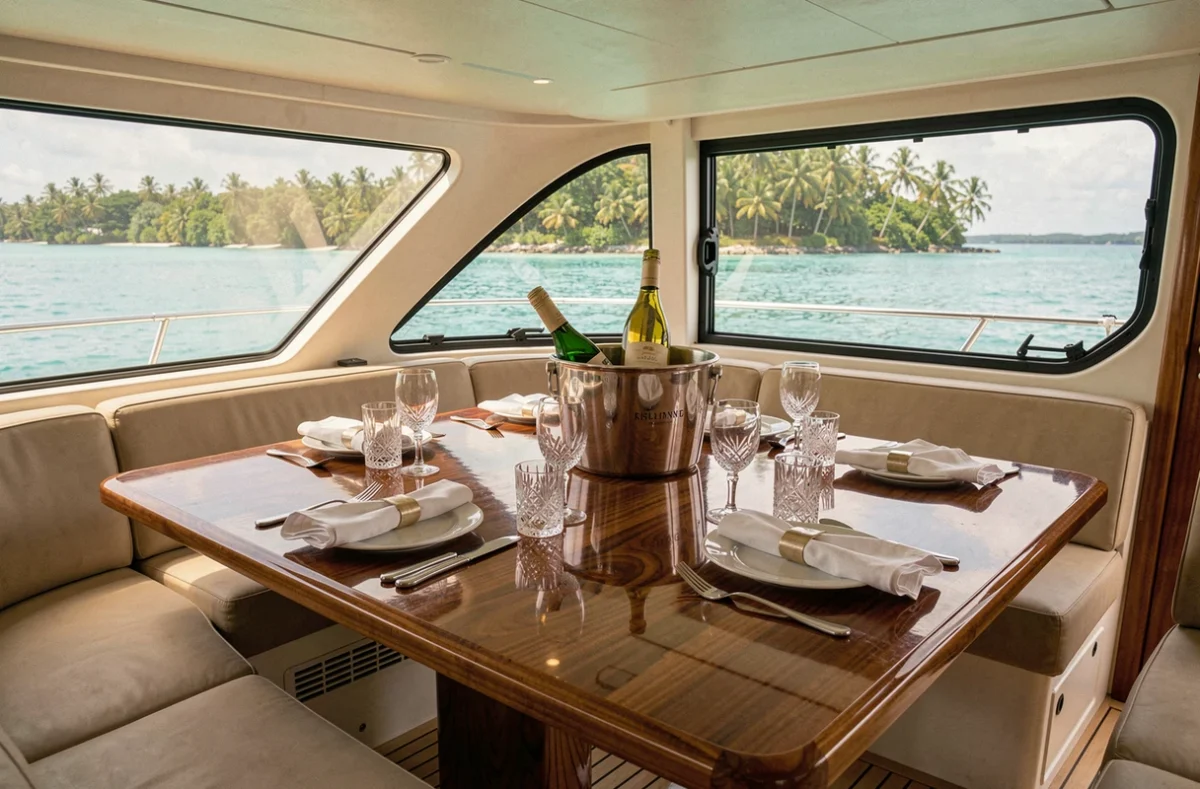 Salon de catamaran de luxe avec table dressée pour le dîner et vue sur un lagon turquoise depuis les hublots panoramiques