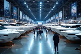 Vue panoramique intérieure du Salon Nautique International de Paris avec des voiliers et bateaux à moteur exposés dans un grand hall d'exposition