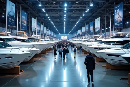 Vue panoramique intérieure du Salon Nautique International de Paris avec des voiliers et bateaux à moteur exposés dans un grand hall d'exposition