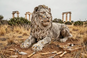 Sculpture de lion macédonien en pierre ancienne sur un site archéologique en Macédoine grecque, traces d'Alexandre le Grand