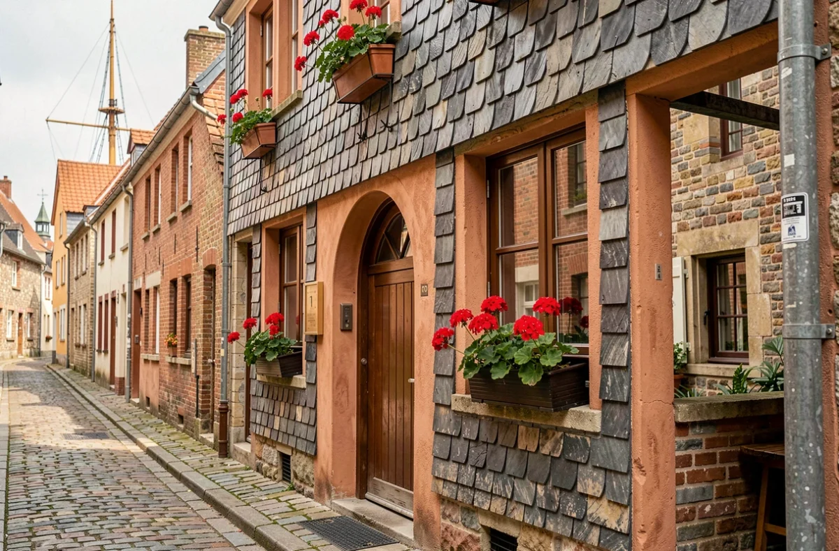 Les Secrets d'Honfleur, maison historique à ardoises et jardinières fleuries dans une ruelle pavée d'Honfleur