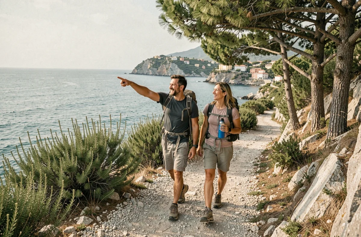 Couple marchant sur le sentier côtier entre Lerici et Tellaro avec vue panoramique sur la mer