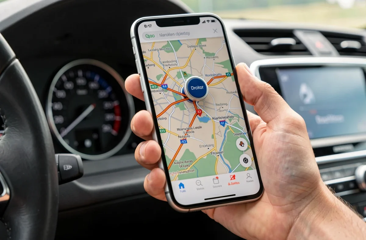 Smartphone avec itinéraire fixé sur le tableau de bord d'une voiture
