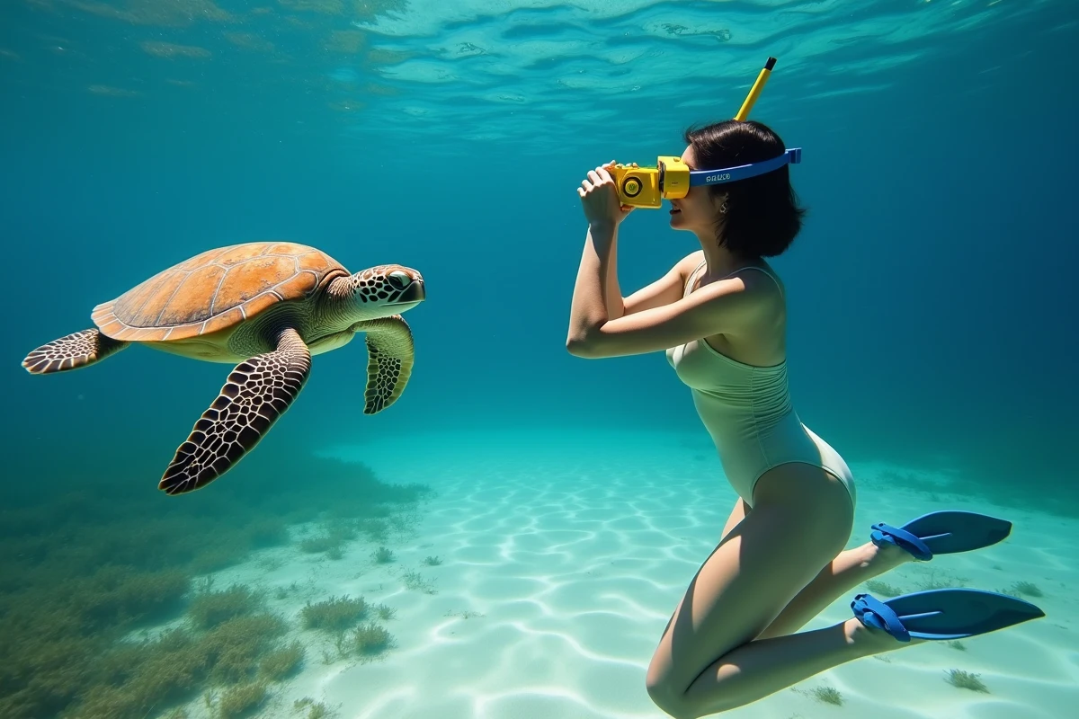 Plongeuse en apnée photographiant une tortue marine avec un appareil photo étanche jaune en eau claire