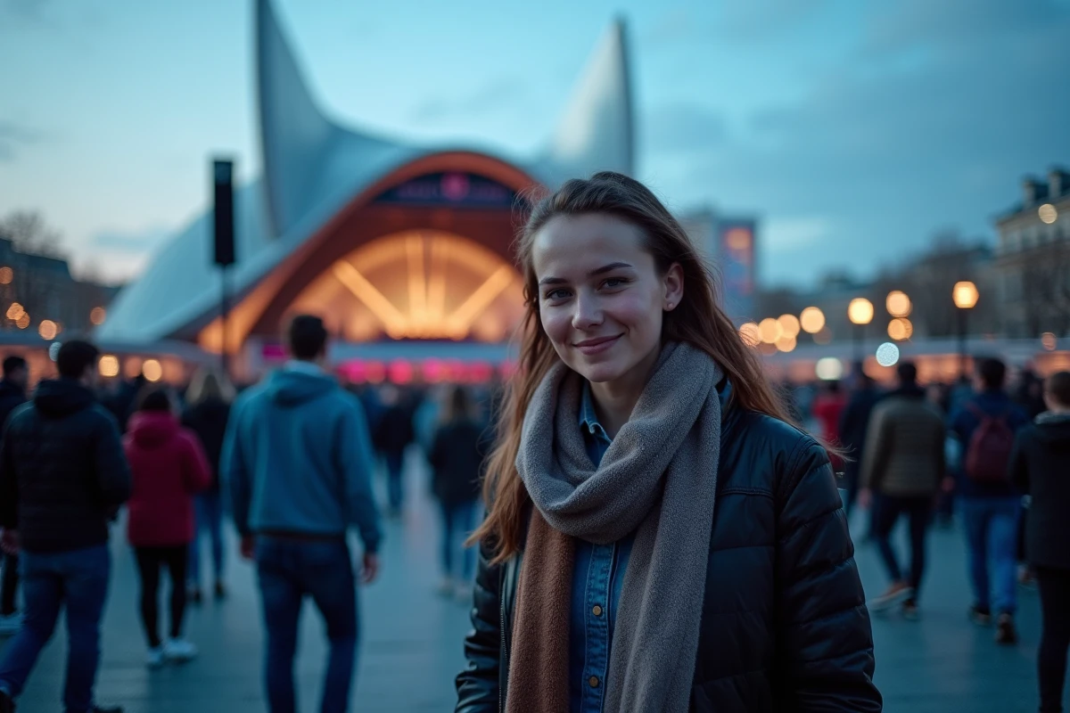 Groupe de spectateurs devant le Zénith de Strasbourg lors d'un événement musical en soirée