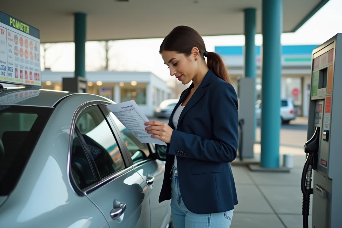 Femme à la station-service tenant une pompe à essence en consultant le résumé des coûts de trajet ViaMichelin