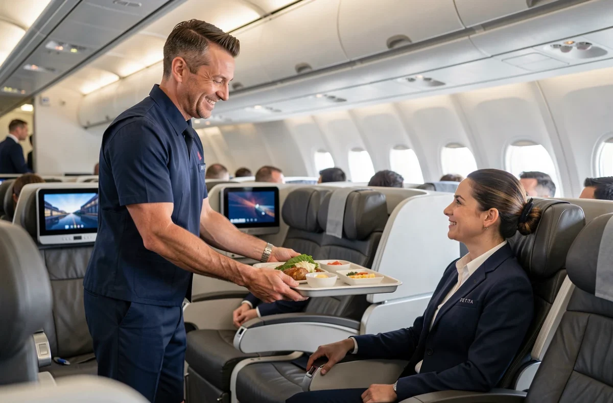 Steward Delta Airlines servant un repas en classe affaires sur un vol transatlantique