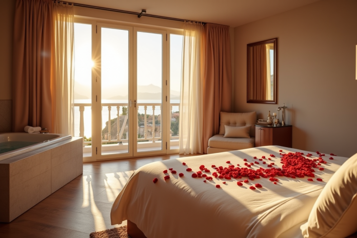 Suite romantique en ile de France avec jacuzzi et lit aux pétales