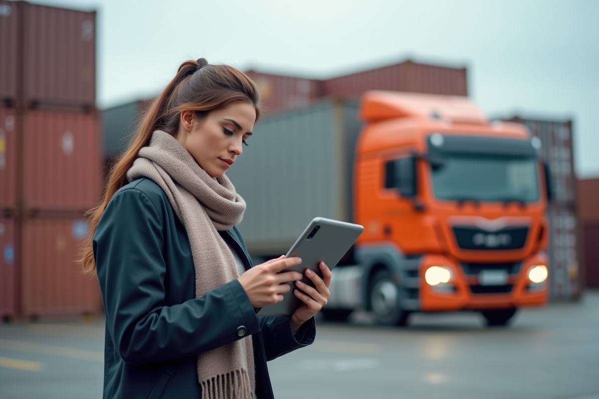 Jeune femme transporteur avec tablette dans yard d
