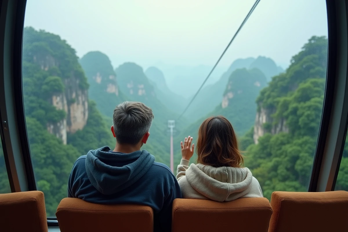 Couple en téléphérique sur Tianmen Mountain observant le panorama de forêts et de pics karstiques brumeux à Zhangjiajie, Chine