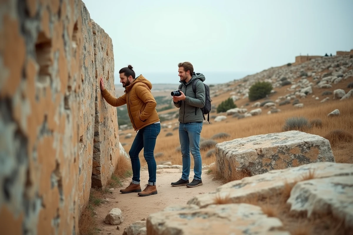 Couple visitant les temples mégalithiques de Ggantija à Gozo en hiver, ambiance déserte et patrimoine préhistorique maltais