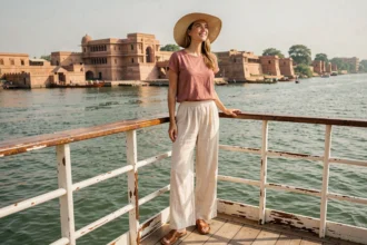 Femme élégamment habillée en lin ivoire sur le pont d'un bateau de croisière sur le Nil avec vue sur des temples égyptiens