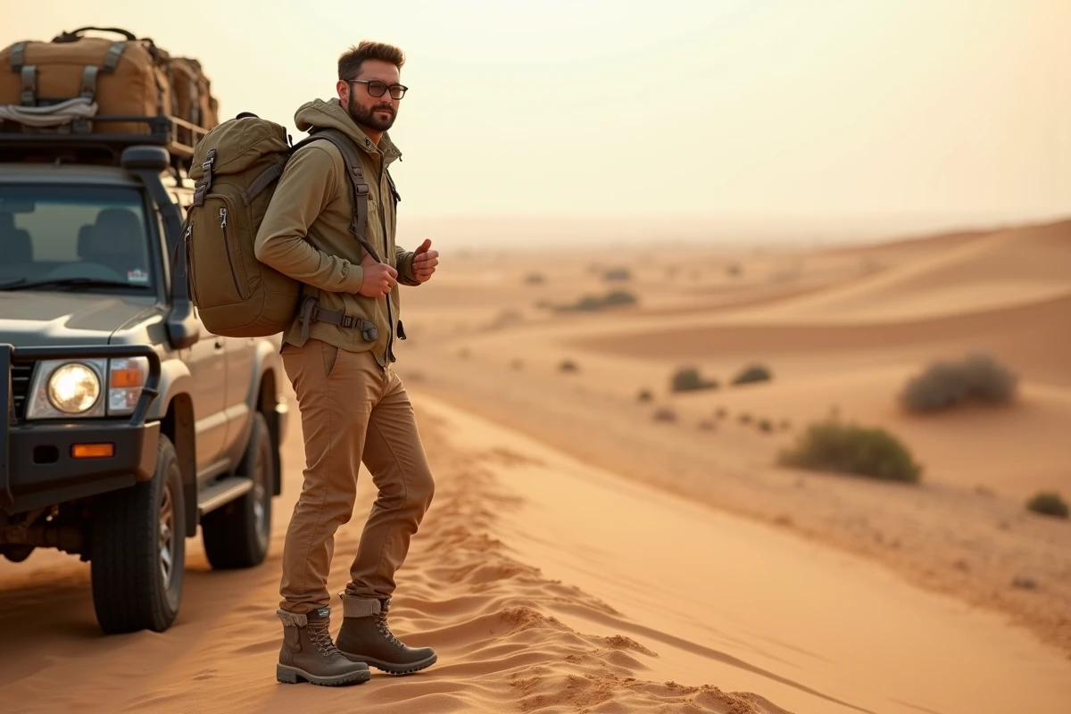 Homme en tenue désert adaptée debout près d'un 4x4 au bord des dunes sahariennes de Ksar Ghilane