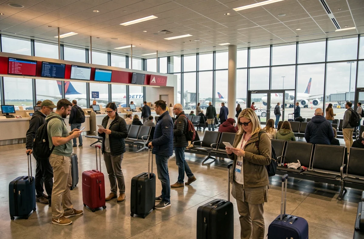 Voyageurs dans un terminal Delta Airlines avant l'embarquement d'un vol long-courrier international