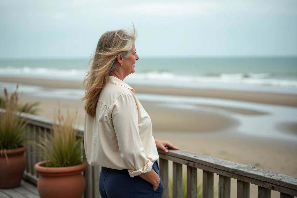 Femme profitant de la vue depuis la terrasse d'un hôtel breton face aux grandes marées et aux vasières découvertes