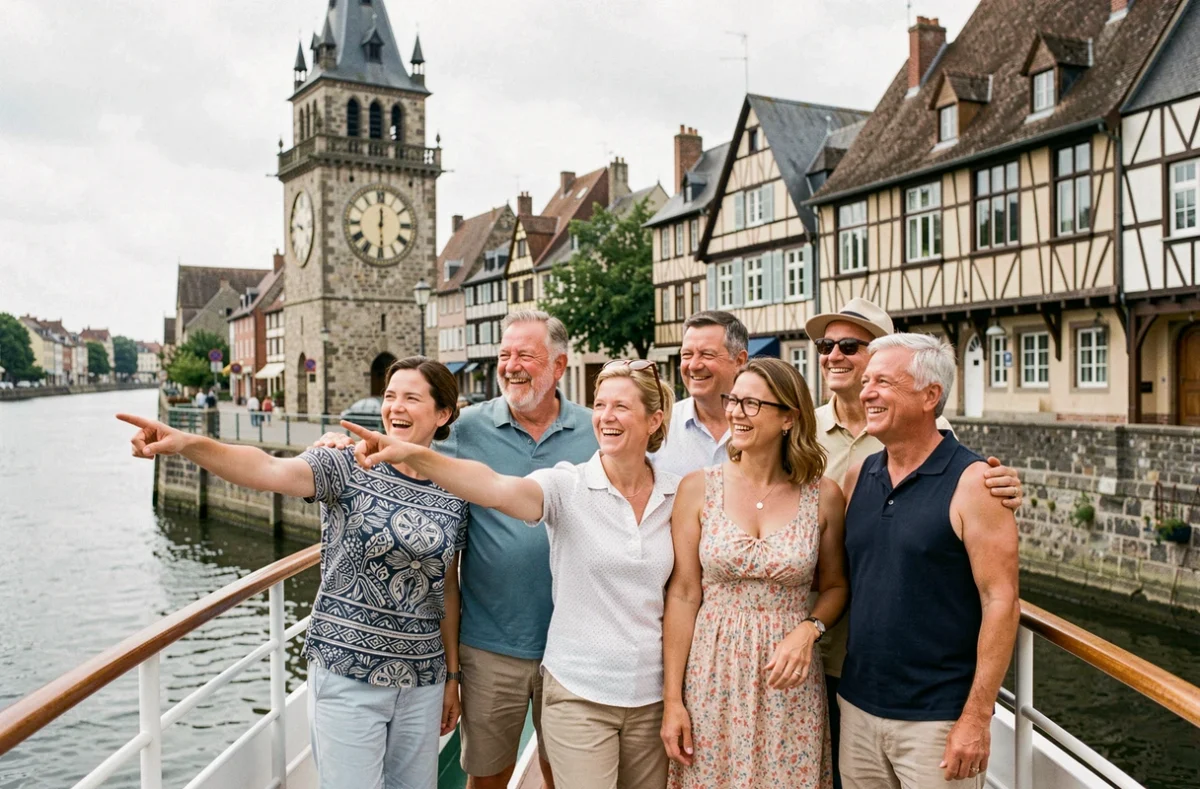 Groupe de touristes sur le pont supérieur d'un bateau de croisière admirant les monuments de Rouen