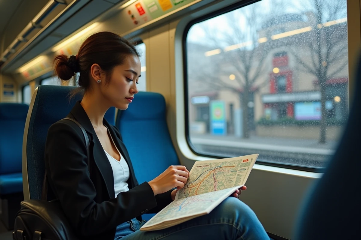 Femme dans un train Cercanías de Madrid étudiant un plan de métro pour rejoindre le centre-ville depuis l'aéroport
