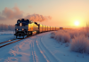 Long train transsiberien serpentant dans la steppe au lever du soleil