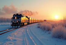 Long train transsiberien serpentant dans la steppe au lever du soleil